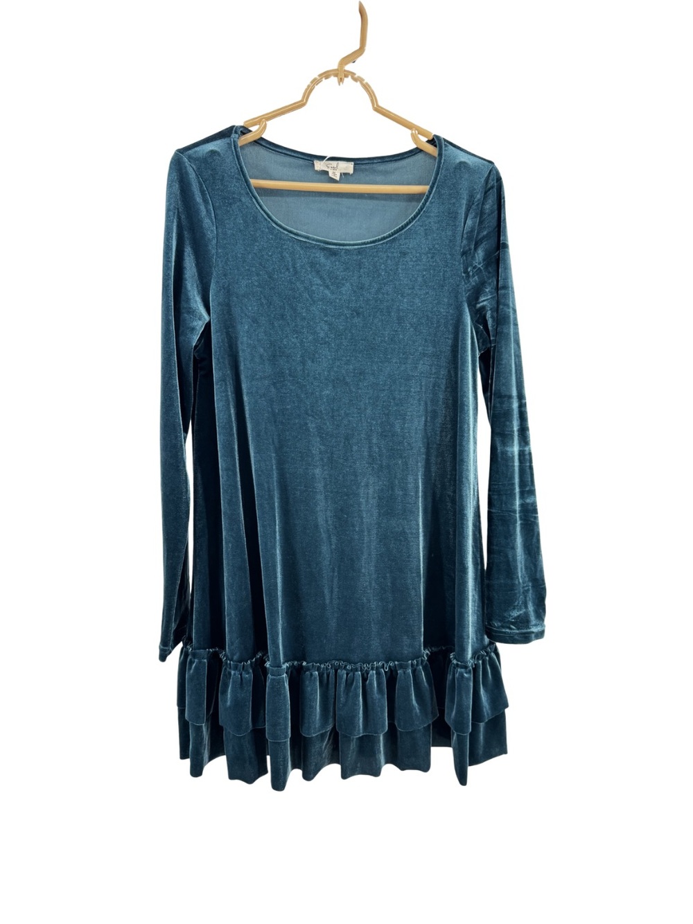 easel Teal velvet velour M long sleeve Mini Dress ruffle swing fall winter
